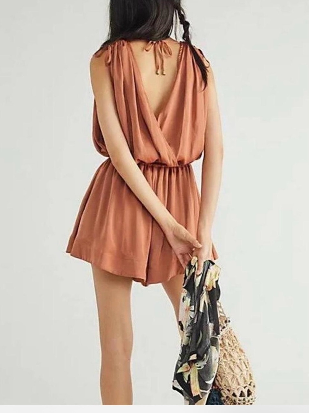 Free People Rust Tie-Shoulder Open-Back Romper